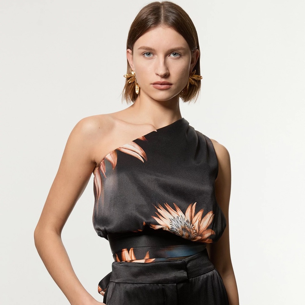 New Karen Millen Viscose Satin Tie Waist One Shoulder Blouse Top Dark Floral
